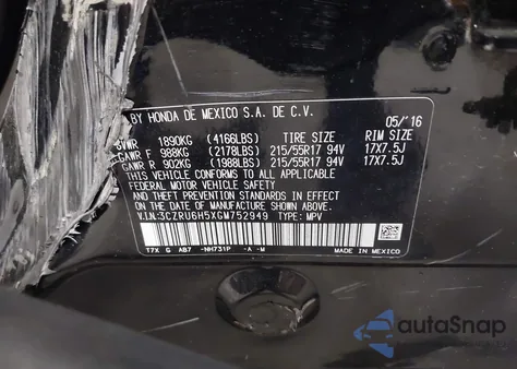 2016 Honda Hr-V Ex from USA, damaged, VIN 3CZRU6H5XGM752949